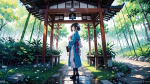 architecture, bamboo, bamboo_forest, bandaged_arm, bandaged_leg, bandages, bridge, building, day, east_asian_architecture, forest, grass, japanese_clothes, male_focus, nature, outdoors, pom_pom_\(clothes\), rain, scenery, shrine, solo, standing, torii, tree, twitter_username, water, weapon, backlight, colors