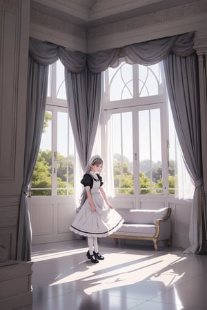 The maid gently lifts the curtains to reveal a peaceful mansion. A sense of tranquility and harmony pervades the image, captured in a whimsical, dreamlike illustration style. White stockings, gray hair, long hair, maid Outfit, medium saturation, black flats
