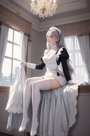 The maid gently lifts the curtains to reveal a peaceful mansion. A sense of tranquility and harmony pervades the image, captured in a whimsical, dreamlike illustration style. White stockings, gray hair, long hair, maid Outfit, medium saturation, black flats, sexy pose,portrait,illustration,good body