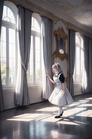 The maid gently lifts the curtains to reveal a peaceful mansion. A sense of tranquility and harmony pervades the image, captured in a whimsical, dreamlike illustration style. White stockings, gray hair, long hair, maid Outfit, medium saturation, black flats, sexy pose,portrait,illustration,good body