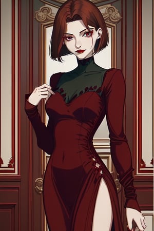 female eighteen. wearing a tight elegant long maroon dress with elegant medium long sleeves. she has brown hair in cut as bob. she has dark sea green eyes. She has crimson red lipstick on. she doesn't have any other makeup on. she is white.