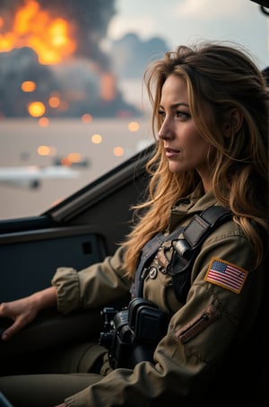 Blake Lively, 16K, UHD, long dark brown hair, action shot of Blake Lively, dressed in combat jumpsuit, sitting inside an F-22 cockpit in flight. Airfight, The big background is filled with explosions and a chaotic sky, holding the flight controls. The overall atmosphere is intense and high-stakes