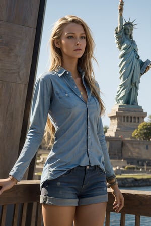 (extremely detailed, realistic, perfect lighting, vibrant colors, intricate details, absurdres), (masterpiece, high detailed skin:1.3), 1girl, solo, thin body, perfect mouth, light blonde hair, layered hair, (full body view 1:1), {slender legs, tall body, soft curves, casual clothes (US moda), the Statue of Liberty in background, fashion model, unforgettable beauty, looking longingly in love, lifelike rendering, } { seducing, },