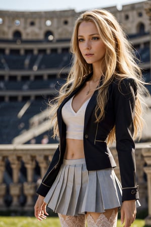 (extremely detailed, realistic, perfect lighting, vibrant colors, intricate details, absurdres), (masterpiece, high detailed skin:1.3), 1girl, solo, thin body, perfect mouth, light blonde hair, layered hair, (full body view 1:1), {slender legs, tall body, soft curves, wearing black skirts and whit blouse with jacket, the roman colloseum, fashion model, unforgettable beauty, looking longingly in love, lifelike rendering, } { seducing, },