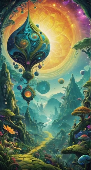 a image for a póster of psytrance festival, contains fractals, spiritual composition, the imagen evoke happiness and energy. the imagen contains organic textures and surreal composition. some parts of the image evoke a las trip