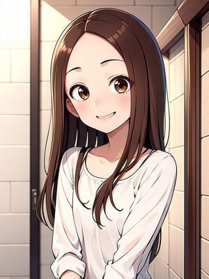 Takagi-san, 1girl, smile, blushing, brown hair