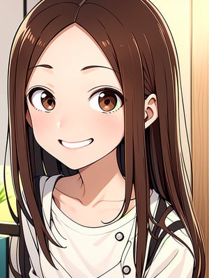 Takagi-san, 1girl, smile, blushing, brown hair