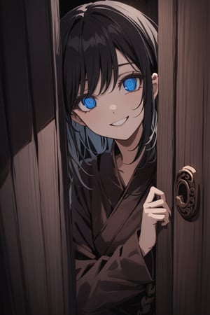 (masterpeice), inside, a girl peaking behind a wooden door, dark background, smile, dark, black hair, detailed eyes, blue eys, coiled eyes, 