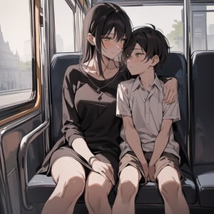 masterpiece, a little boy sits next to a older woman on the bus, centered medium shot, sitting next to eachother, young boy, older woman, shorter little boy