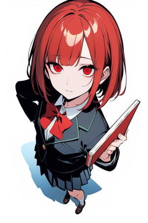 (masterpiece), wide shot, full body:1.1, ringed eyes, holding book, holding manga:1, 1girl, solo, negative space, (simple white background, standing), cinematic angle, side angle, from above:1, a girl in a school uniform, cute, red hair, bob cut, black pleated skirt, black blazer, red bow in hair, simple, facing viewer, manga illustration style, hand on hip, bangs, staring blankly at the camera, half-closed eyes, detailed red eyes