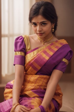 In this photo, a woman is wearing a traditional Indian saree. The saree features a combination of vibrant orange and purple, with the orange fabric having a subtle checked pattern and the purple border adorned with golden accents. She pairs the saree with a purple blouse that has short, puffed sleeves with a golden design near the cuff.

Her hair is neatly tied back, and she wears a bindi on her forehead. Her jewelry includes a gold necklace with intricate detailing, matching earrings, and golden bangles. The background appears to be softly blurred, making her the focal point of the image. She looks at the camera with a calm, composed expression.