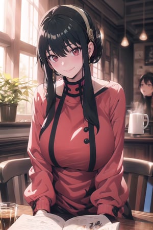 1girl, black hair, red eyes, wear civilian clothes, Nostalgic, cozy cafe, sitting at a table reading a book, a cup of coffee on the table, , the sun shines through the window, official art, high quality, production art, novel illustration, best, high resolution, best quality, award winning, highly detailed, masterpiece, by famous artist, hyper extreme detailed, nsfw, breathless, lovely pose, smile, shy, red_dress,bbyorf,anime