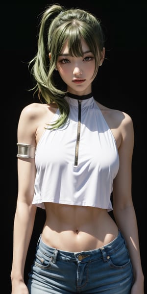 Deep double-jointed eyes, green hair, fringe over forehead, shoulder-length sidetail hairstyle, cunning expression, 4k,best quality,masterpiece,20yo 1girl,(white suit and jeans, alluring smile, head ornaments 

(Beautiful and detailed eyes),
Detailed face, detailed eyes, double eyelids ,thin face, real hands, muscular fit body, semi visible abs, black hair, black background,


real person, color splash style photo, sports_uniform 
,ubel