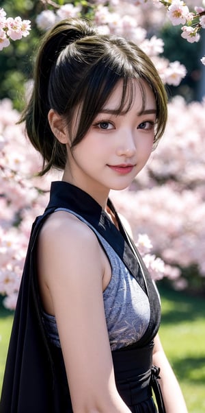 green hair, ponytail hairstyle with shoulder length sides, fringe over forehead, deep double eyelids, eyes half-open, wearing a beautiful black kimono with delicate flower patterns, half tilting her head, holding her cheek with one hand and facing the camera, smile, look at the camera, cherry blossom trees in the background, bright light, 8K quality,bbyorf