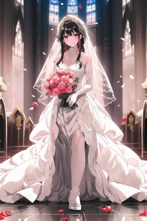 (1 beautiful woman, black hair, red eyes, expensive detailed white wedding dress design by Francesca Miranda, white bride veil, long white gloves), walking to the altar, holding a bouquet, church location, wedding, celebration time, petals falling down, people sitting down background, priest in front of the spouse, close-up ,perfecteyes, smiling, shy