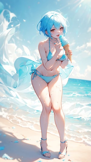 (Red eyes), ((light blue short hair)), full Body, (Charming smile), ((eating soft serve ice cream with tongue)), ((sexy design bikini)), ultra high resolution, 8k, Hdr, daytime, in the beach, (sweat all over the face)