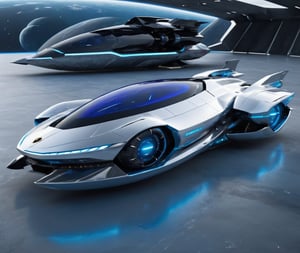  Ultra realistic 8K image, of a Shiny silver Massive futurist spaceship with blue Neon edges and borders, parked on the ground in a space port hanger inspired by cyberpunk,wedge-shaped,  space area background, (Front Side view), sharp focus, symmetrical,fly ship ,spcrft,(Lamborghini Diablo SV: 0.8),Starship,no wheels,in sky,Antigravity suspension,The metal is smooth and seamless,no Joint groove,Light halo,Dim light,