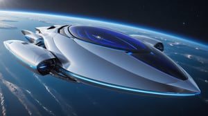  Ultra realistic 8K image, of a Shiny silver Massive futurist spaceship with blue Neon edges and borders, parked on the ground in a space port hanger inspired by cyberpunk,wedge-shaped,  space area background, (Front Side view), sharp focus, symmetrical,fly ship ,spcrft,(Volkswagen Beetle: 0.5),Starship,no wheels,in sky,Antigravity suspension,The metal is smooth and seamless,no Joint groove,Light halo,Dim light,No ground shadow,no Engine blade,