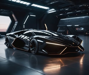  Ultra realistic 8K image, of a Shiny black Massive futurist spaceship with light edges and borders, parked on the ground in a space port hanger inspired by cyberpunk, Black,  space area background, (Front Side view), sharp focus, symmetrical,fly car ,spcrft,Lamborghini 1980