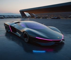  Ultra realistic 8K image, of a Shiny black Massive futurist spaceship with Neon edges and borders, parked on the ground in a space port hanger inspired by cyberpunk,wedge-shaped,  space area background, (Front Side view), sharp focus, symmetrical,fly car ,spcrft,Lamborghini 1980,Starship,HuracánCar,