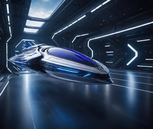 Ultra realistic 8K image, of a Shiny silver Massive futurist spaceship with blue Neon edges and borders, parked on the ground in a space port hanger inspired by cyberpunk,wedge-shaped,  space area background, (Front Side view), sharp focus, symmetrical,fly ship ,spcrft,(Lamborghini Diablo SV: 0.8),Starship,no wheels,
