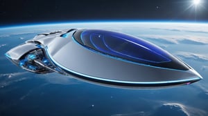  Ultra realistic 8K image, of a Shiny silver Massive futurist spaceship with blue Neon edges and borders, parked on the ground in a space port hanger inspired by cyberpunk,wedge-shaped,  space area background, (Front Side view), sharp focus, symmetrical,fly ship ,spcrft,(Volkswagen Beetle: 0.5),Starship,no wheels,in sky,Antigravity suspension,The metal is smooth and seamless,no Joint groove,Light halo,Dim light,No ground shadow,
