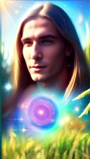 young man, solo, purple eyes, long hair,Sit on the grass,sitting,forest,outdoor,(insanely detailed, beautiful detailed face, masterpiece, best quality) cinematic lighting,Spiritual master,brown hair,  brown eyes, A yellow summer gown,  Straight hair,trousers,boy,   ,Venusian,On the ship,Spiritual aura,High latitude,Highly evolved people,Interstellar human,Chakra cosmic energy,Fifth dimension,1man,planet,Pink love Energy,Aether,Higher self,1 girl