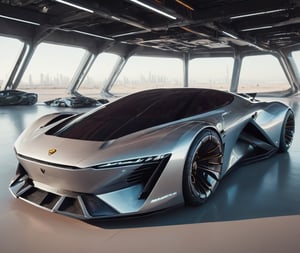  Ultra realistic 8K image, of a Shiny  Massive futurist spaceship with light edges and borders, parked on the ground in a space port hanger inspired by cyberpunk,wedge-shaped,  space area background, (Front Side view), sharp focus, symmetrical,fly car ,spcrft,Lamborghini 1980,Starship,HuracánCar,zaha style,c_car,style,futuristic car