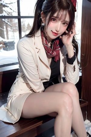 (Best quality, 8k, 32k, Masterpiece, UHD:1.2),Photo of Pretty  woman, stunning, 1girl, (medium dark brown ponytail), double eyelid, natural medium-large breasts, slender legs, tall body, soft curves, skin pores, white coat, knit dress shirt, checkered skirt, red scarf, snow heeled boot, sitting on stairs on shrine, snowy shrine, heavy snow on shrine, fashion model posing, unforgettable beauty, look at viewer, sexy smile, closed to up, lifelike rendering, detailed facial features, detailed real skin texture, detailed details,ffff,33310,shiny oil pantyhose