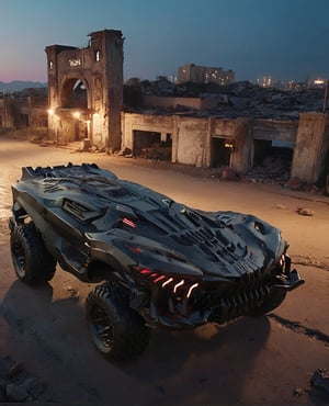 ((masterpiece、highest quality、genuine、Super detailed、High resolution、sharp focus、Live shooting、cinematic lighting))、((vehicle focus、there are no humans))、 4 wheels transport vehicle,Abandoned city at dusk,4 door,2 headlights,Double row seat,Correct perspective,big wheels,laser headlight,