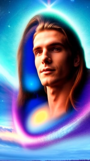 young man, solo, purple eyes, long hair,Sit on the grass,sitting,forest,outdoor,(insanely detailed, beautiful detailed face, masterpiece, best quality) cinematic lighting,Spiritual master,brown hair,  brown eyes, A yellow summer gown,  Straight hair,trousers,boy,   ,Venusian,On the ship,Spiritual aura,High latitude,Highly evolved people,Interstellar human,Chakra cosmic energy,Fifth dimension,1man,planet,Pink love Energy,Aether,Higher self,1 girl,More Detail