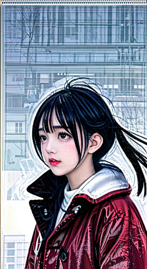  A short-haired girl standing in the snow, Red Coat, head up, breeze blowing hair, snow, snowflakes, depth of field, telephoto lens, messy hair, (close-up) , (sad) , sad and melancholy atmosphere, reference movie love letter, profile, head up, ((floating)) bangs or fringes of hair, eyes focused, half-closed, center frame, bottom to top,
,<lora:659111690174031528:1.0>,<lora:659111690174031528:1.0>