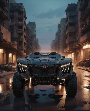 ((masterpiece、highest quality、genuine、Super detailed、High resolution、sharp focus、Live shooting、cinematic lighting))、((vehicle focus、there are no humans))、 4 wheels transport vehicle,Abandoned city at dusk,4 door,2 headlights,Double row seat,Correct perspective,big wheels,laser headlight,