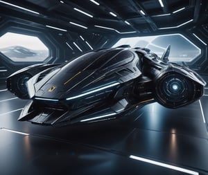  Ultra realistic 8K image, of a Shiny black Massive futurist spaceship with light edges and borders, parked on the ground in a space port hanger inspired by cyberpunk, Black,  space area background, (Front Side view), sharp focus, symmetrical,fly car ,spcrft,Lamborghini 1980,Starship,HuracánCar,futuristic car