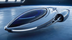  Ultra realistic 8K image, aircraft of a Shiny silver Massive futurist spaceship with blue Neon edges and borders, parked on the ground in a space port hanger inspired by cyberpunk,wedge-shaped,  space area background, (Front Side view), sharp focus, symmetrical,fly ship ,spcrft,(Volkswagen Beetle: 0.5),Starship,no wheels,in sky,Antigravity suspension,The metal is smooth and seamless,no Joint groove,Light halo,Dim light,No ground shadow,no Engine blade,