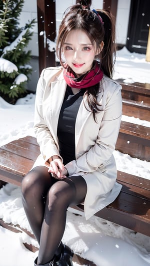 (Best quality, 8k, 32k, Masterpiece, UHD:1.2),Photo of Pretty  woman, stunning, 1girl, (medium dark brown ponytail), double eyelid, natural medium-large breasts, slender legs, tall body, soft curves, skin pores, white coat, knit dress shirt, checkered skirt, red scarf, snow heeled boot, sitting on stairs on shrine, snowy shrine, heavy snow on shrine, fashion model posing, unforgettable beauty, look at viewer, sexy smile, closed to up, lifelike rendering, detailed facial features, detailed real skin texture, detailed details,ffff,qiaoxinhuang 2.0,shiny pantyhose