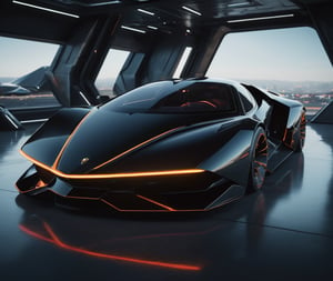  Ultra realistic 8K image, of a Shiny black Massive futurist spaceship with Neon edges and borders, parked on the ground in a space port hanger inspired by cyberpunk,wedge-shaped,  space area background, (Front Side view), sharp focus, symmetrical,fly car ,spcrft,Lamborghini 1980,Starship,HuracánCar,