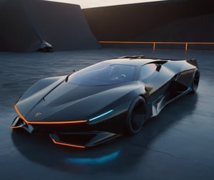  Ultra realistic 8K image, of a Shiny black Massive futurist spaceship with Neon edges and borders, parked on the ground in a space port hanger inspired by cyberpunk,wedge-shaped,  space area background, (Front Side view), sharp focus, symmetrical,fly car ,spcrft,Lamborghini 1980,Starship,HuracánCar,