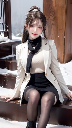 (Best quality, 8k, 32k, Masterpiece, UHD:1.2),Photo of Pretty  woman, stunning, 1girl, (medium dark brown ponytail), double eyelid, natural medium-large breasts, slender legs, tall body, soft curves, skin pores, white coat, knit dress shirt, checkered skirt, red scarf, snow heeled boot, sitting on stairs on shrine, snowy shrine, heavy snow on shrine, fashion model posing, unforgettable beauty, look at viewer, sexy smile, closed to up, lifelike rendering, detailed facial features, detailed real skin texture, detailed details,ffff,33310,shiny pantyhose