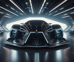  Ultra realistic 8K image, of a Shiny black Massive futurist spaceship with light edges and borders, parked on the ground in a space port hanger inspired by cyberpunk, Black,  space area background, (Front Side view), sharp focus, symmetrical,fly car ,spcrft,Lamborghini 1980,Starship,HuracánCar,futuristic car