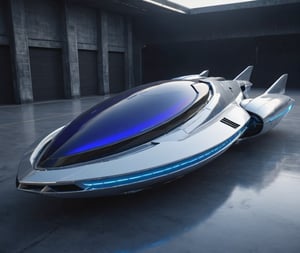  Ultra realistic 8K image, of a Shiny silver Massive futurist spaceship with blue Neon edges and borders, parked on the ground in a space port hanger inspired by cyberpunk,wedge-shaped,  space area background, (Front Side view), sharp focus, symmetrical,fly ship ,spcrft,(Lamborghini Diablo SV: 0.8),Starship,no wheels,