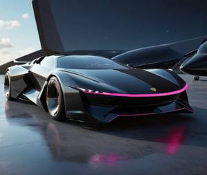  Ultra realistic 8K image, of a Shiny black Massive futurist spaceship with Neon edges and borders, parked on the ground in a space port hanger inspired by cyberpunk,wedge-shaped,  space area background, (Front Side view), sharp focus, symmetrical,fly ship ,spcrft,(Lamborghini Diablo SV: 0.8),Starship,no wheels,