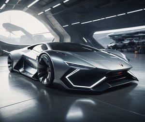  Ultra realistic 8K image, of a Shiny  Massive futurist spaceship with light edges and borders, parked on the ground in a space port hanger inspired by cyberpunk,wedge-shaped,  space area background, (Front Side view), sharp focus, symmetrical,fly car ,spcrft,Lamborghini 1980,Starship,HuracánCar,zaha style,c_car,style,futuristic car