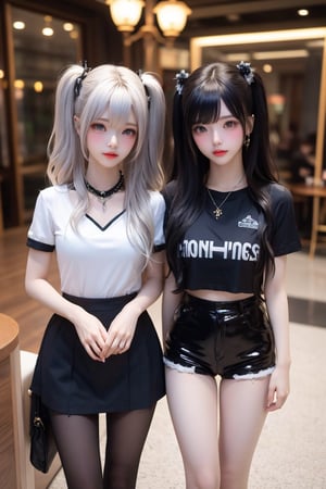 My sister and my cousin were wearing different clothes and waiting for someone in the hotel lobby. The younger sister is a Japanese beauty, with silver-white hair tied into twin tails, dark blue pupils, wearing a silver-white top, a black spiked necklace, and a black miniskirt. My cousin is a girl with a single ponytail, copper-red hair, a white short-sleeved uniform, a black tie, black hair accessories, and a black miniskirt. Live photos, 8K.2girls,yaohu,Soeun,black nylon shiny pantyhose,欧式双眼皮