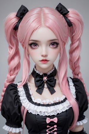 beautiful young girl, dressed in a Lolita fashion ensemble,
goth skull accessories,black choker,twin pigtails hair,pink Lace Shirt,large Breast,
 seamlessly blending the cute and feminine elements of Lolita with a more boyish charm,Emphasize the fusion of frills, bows, and a playful aesthetic with a tomboyish twist in her attire,goth person,GothEmoGirl,enakorin,