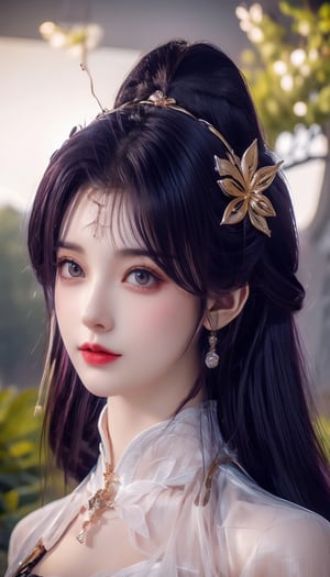 a sorceress, white hair,  gold and white brassiere , detailed face, vines, stars, ((surrealism)), (abstract), intricately detailed gothic art triadic colors, fantastical, splash screen, fantasy high magic concept art, 8k resolution, (gothic masterpiece), oil painting, heavy strokes, HW*,short hair bang,hair bangs are above the eyebrows,no bang,Narin,beautyniji,1girl,women,girl,realistic,Double eyelids,bow on her head, cute eye,cute lip,purple hair