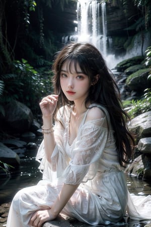 largest waterfall,water fog,16 yo, 1 girl,sitting on the rock under the waterfall, beautiful hanfu(white, transparent), cape,bare shoulder,breast exposed, shining bracelet, looking at viewer, solo, {beautiful and detailed eyes}, calm expression, natural and soft light, delicate facial features, ((model pose)), Glamor body type, (dark hair:1.2), bangs, very_long_hair, hair past hip, curly hair, flim grain, realhands, masterpiece, Best Quality, photorealistic, ultra-detailed, finely detailed, high resolution, perfect dynamic composition, beautiful detailed eyes, eye smile, ((nervous and embarrassed)), sharp-focus, full_body, cowboy_shot, sexy pose,ruanyi0060,Samurai girl