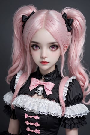 beautiful young girl, dressed in a Lolita fashion ensemble,
goth skull accessories,black choker,twin pigtails hair,pink Lace Shirt,large Breast,
 seamlessly blending the cute and feminine elements of Lolita with a more boyish charm,Emphasize the fusion of frills, bows, and a playful aesthetic with a tomboyish twist in her attire,goth person,GothEmoGirl,enakorin,