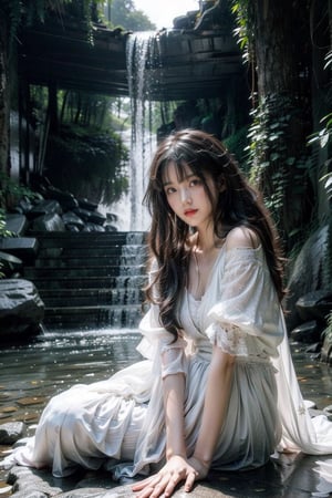 The background is night,moon,largest waterfall,water fog,16 yo, 1 girl,sitting on the rock under the waterfall, beautiful hanfu(white, transparent), cape,bare shoulder,breast exposed, shining bracelet, looking at viewer, solo, {beautiful and detailed eyes}, calm expression, natural and soft light, delicate facial features, ((model pose)), Glamor body type, (dark hair:1.2), bangs, very_long_hair, hair past hip, curly hair, flim grain, realhands, masterpiece, Best Quality, photorealistic, ultra-detailed, finely detailed, high resolution, perfect dynamic composition, beautiful detailed eyes, eye smile, ((nervous and embarrassed)), sharp-focus, full_body, cowboy_shot, sexy pose,ruanyi0060,Samurai girl