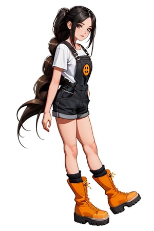 woman with long black hair tied up, wearing short overalls, white t-shirt, wearing big brown boots, long socks, smile, 8K, ultra realistic, semi realistic, 3D realistic anime, full body